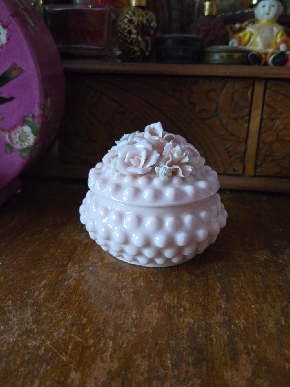 Vintage Lenwile Ardalt Hobnail Pink Trinket Box Flowers Lid Roses Cottagecore
